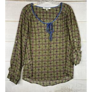 Anthropologie Daniel Rainn Top Womens M Green Medallion Keyhole Sheer Roll Tab